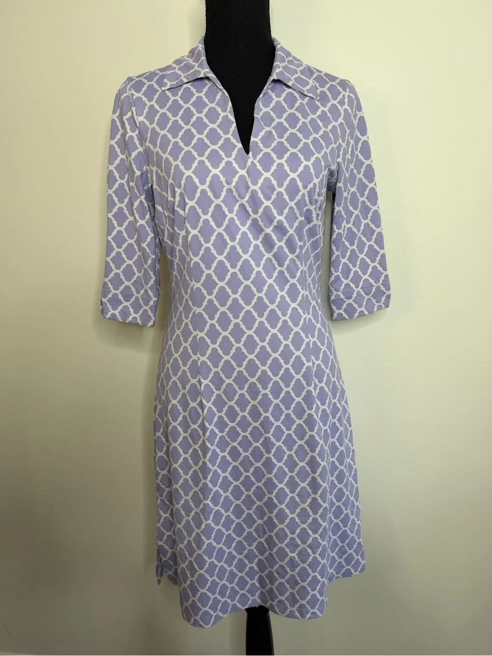 J McLaughlin Sz S Catalina Cloth Dress 3/4 Sleeve Purple White V Neck Stretch